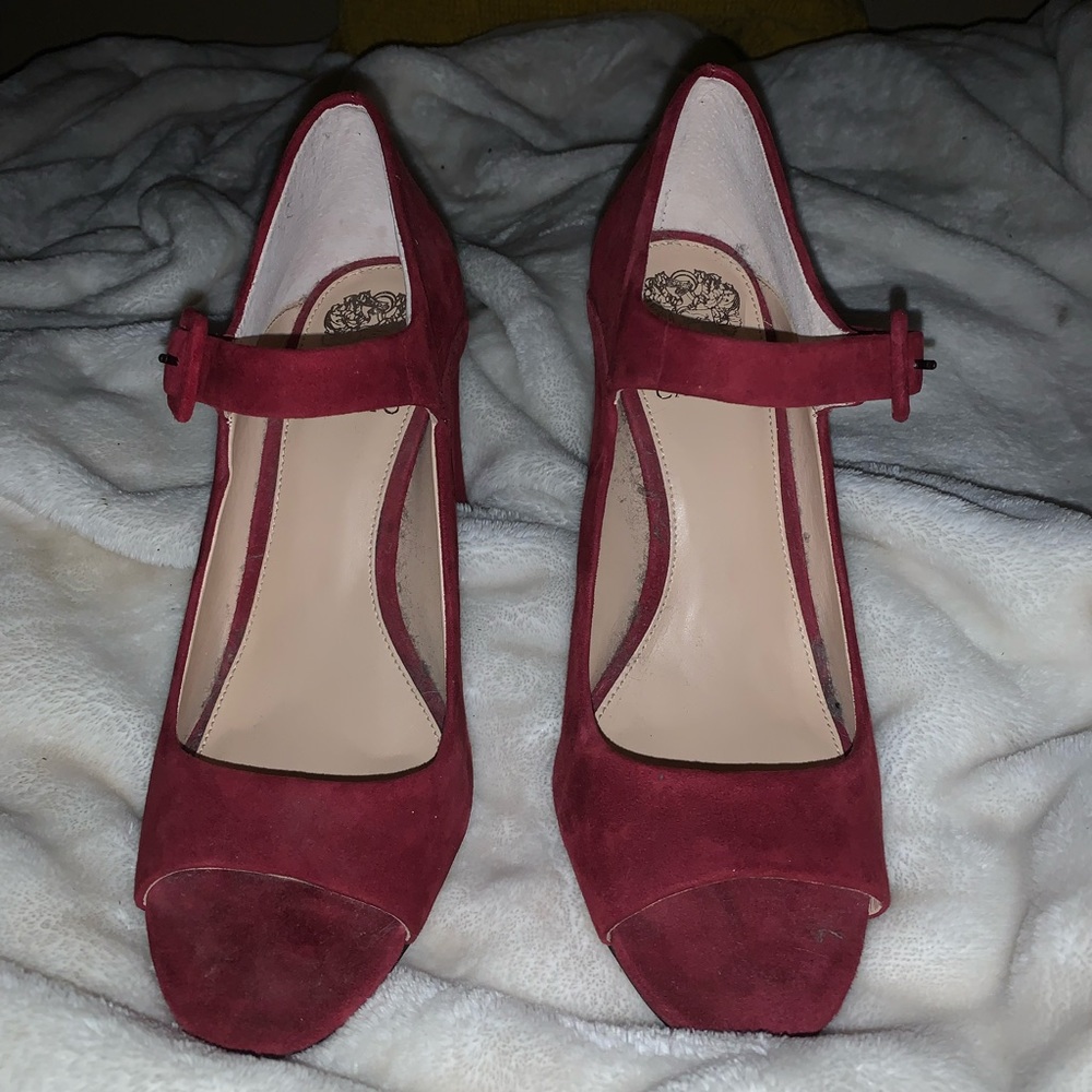 Vince Camuto Red Peep Toe Buckle Pumps